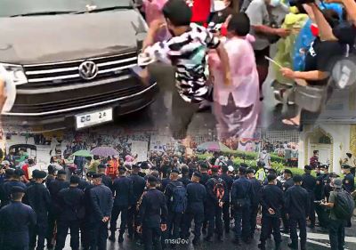 \"ม็อบนนท์\" เดือดโดดเตะ-ปาน้ำปลาร้าใส่รถนายกฯ ขณะลงพื้นที่ติดตามน้ำจ.นนท์